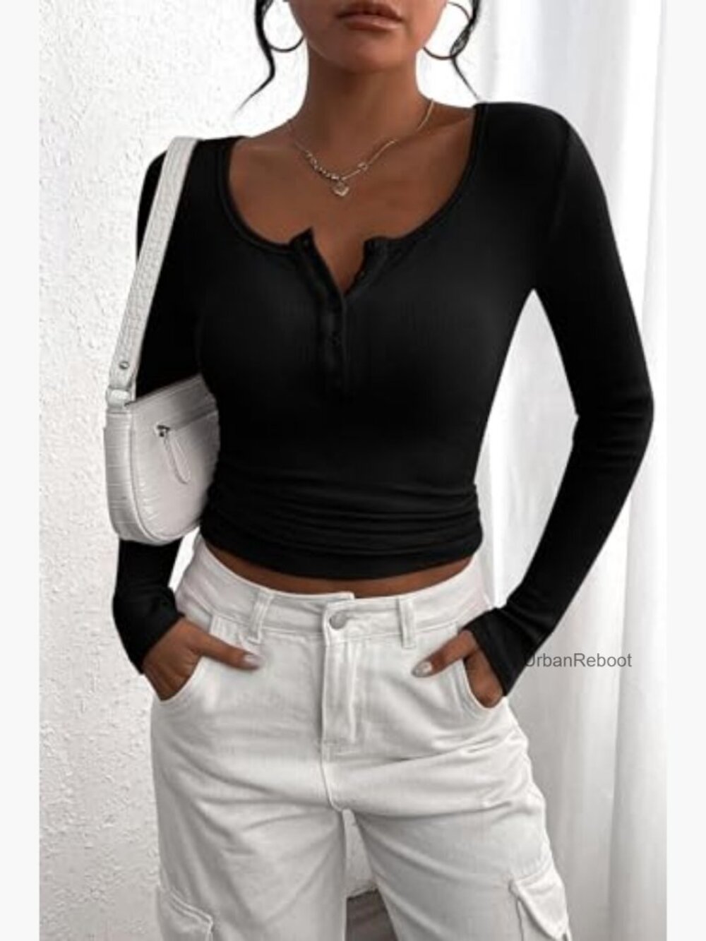 Long Sleeve Henley T Shirt Button Ribbed Knit Slim Fit Basic Top Blouse Casual - Picture 5 of 6